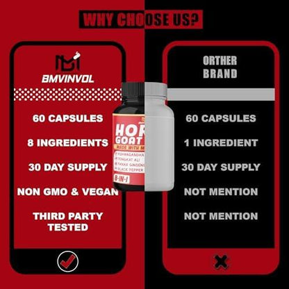 BMVINVOL Horny Goat Weed Capsules with Tribulus, Ginseng, Ashwagandha, Maca, Tongkat Ali, Nettle, Black Pepper - 60 Count