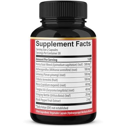 BMVINVOL Horny Goat Weed Capsules with Tribulus, Ginseng, Ashwagandha, Maca, Tongkat Ali, Nettle, Black Pepper - 60 Count
