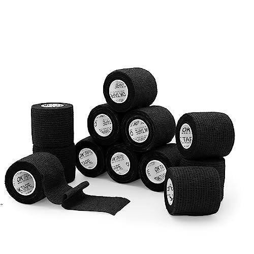 OK TAPE Self Adherent Cohesive Bandages Wrap 12Packs, 2 Inches X 5 Yards, Non-Woven Self Adhesive Athletic Sports wrap Tape, Vet Wrap Bandages Tape, for Thumb Finger Wrist Ankle (Black) - görsel 1
