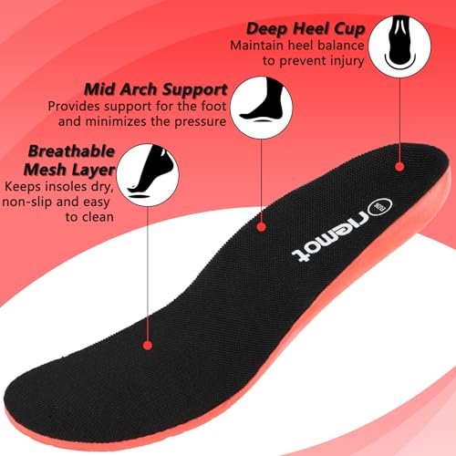 riemot Sports Insoles for Men, High Elasticity PU Shoe Inserts with Arch Support and Heel Cup, Shock Absorbing Insoles for Walking, Light Running, Sneakers & Running Shoes Black US10.5/ EU43.5 - görsel 4