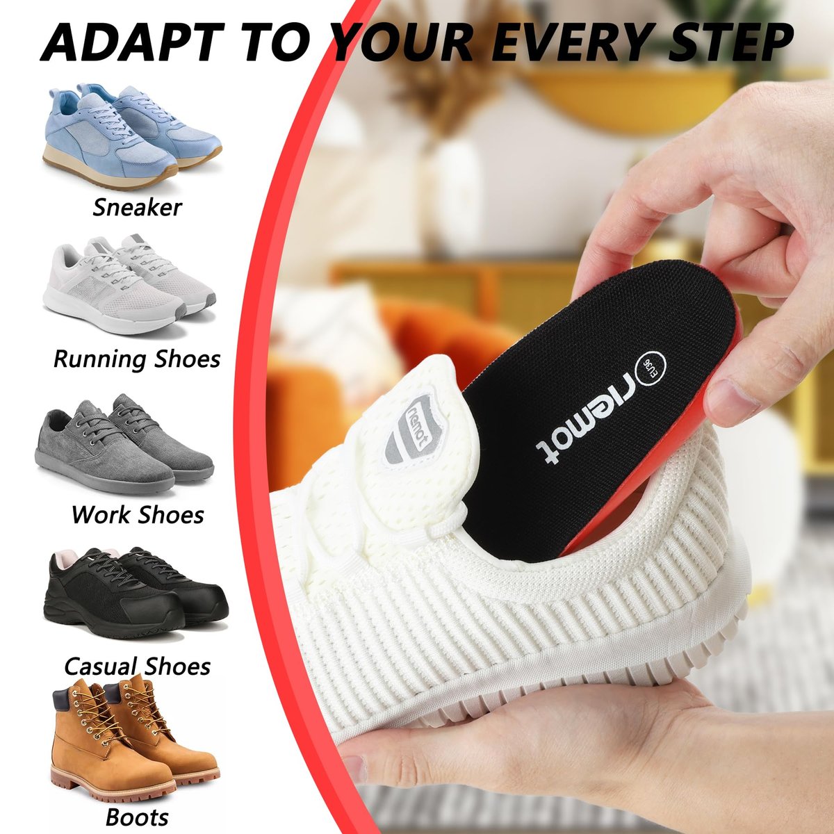riemot Sports Insoles for Men, High Elasticity PU Shoe Inserts with Arch Support and Heel Cup, Shock Absorbing Insoles for Walking, Light Running, Sneakers & Running Shoes Black US10.5/ EU43.5 - görsel 11