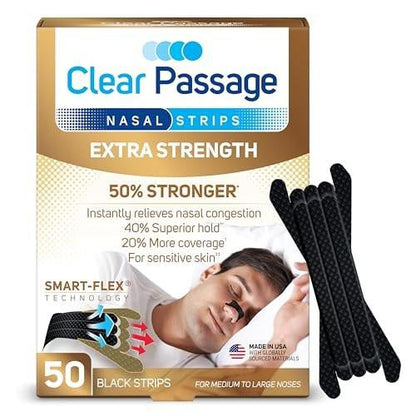 Clear Passage Extra Strength Nasal Strips 50 Ct, Nasal Dilators for Men & Women, Anti Snoring, Instant Congestion Relief for Cold & Allergy, Improves Sleep, Better Performance, for Day & Night, Black