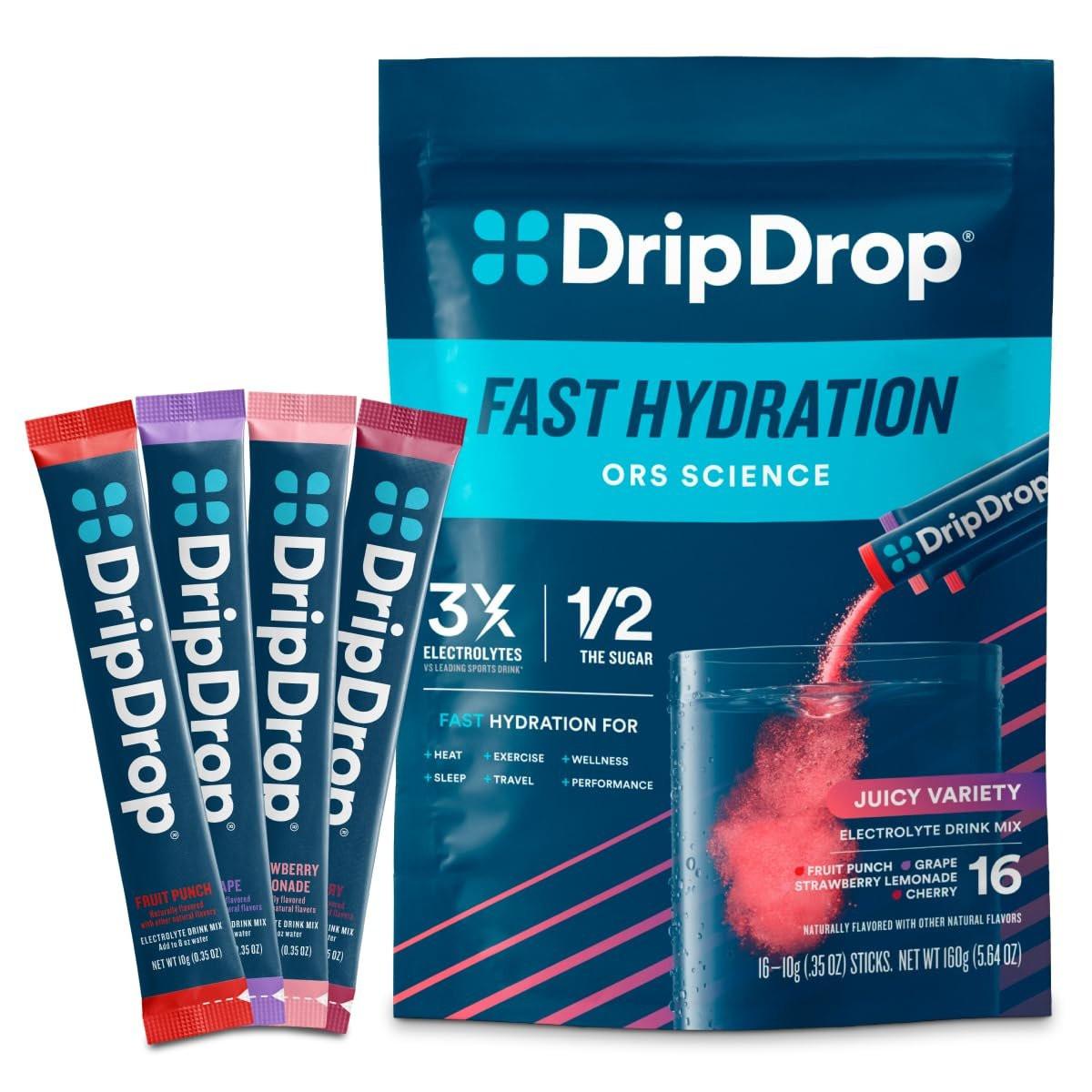 DripDrop Hydration Packets - Juicy Variety Pack - Single Serve Electrolytes Powder Drink Mix - Grape, Fruit Punch, Strawberry Lemonade, Cherry - Non-GMO, Gluten Free, Vegan - 16 Sticks - görsel 7