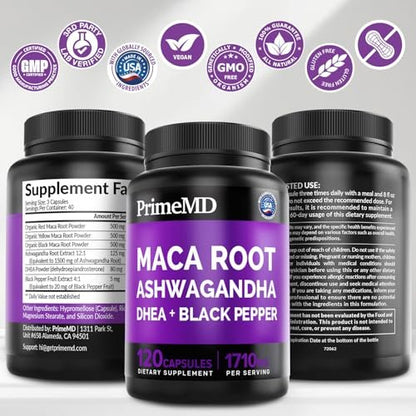 6-in-1 Organic Maca Root Ashwagandha Capsules 1710mg with DHEA and Black Pepper Fruit Extract for Women and Men - Black Maca Supplement for Stamina, Bone and Mood Support Supplement, 120 count