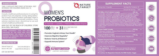NATURE TARGET Probiotics for Women, 100 Billion CFUs Probiotic with Digestive Enzymes & Prebiotics, Vaginal Probiotics with Cranberry for Urinary Tract Health, pH Balance, 90 Veggie Capsules