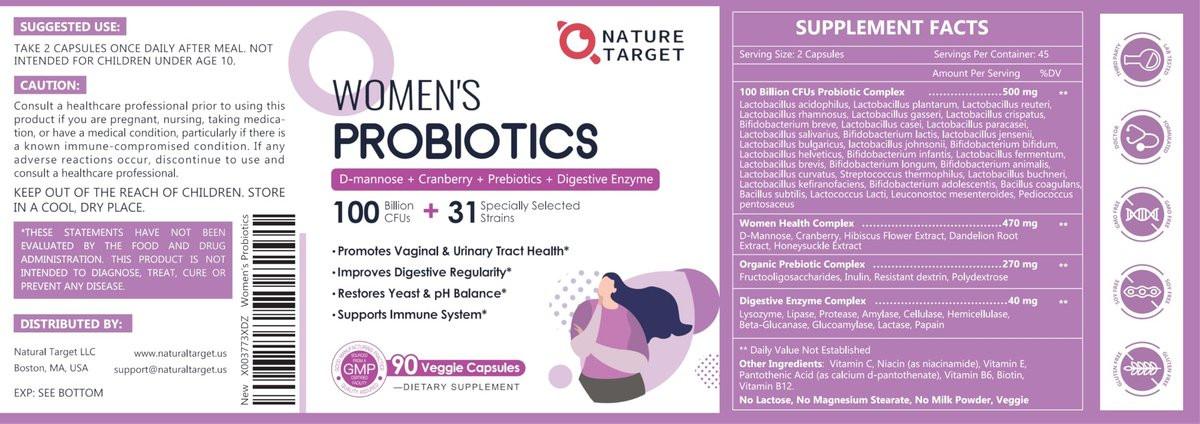 NATURE TARGET Probiotics for Women, 100 Billion CFUs Probiotic with Digestive Enzymes & Prebiotics, Vaginal Probiotics with Cranberry for Urinary Tract Health, pH Balance, 90 Veggie Capsules - görsel 17