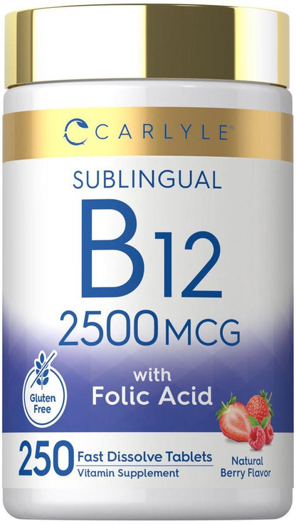 Carlyle Vitamin B12 Sublingual 2500 mcg | 250 Fast Dissolve Tablets | Cyanocobalamin Supplement with Folic Acid for Adults | Natural Berry Flavor | Vegetarian, Non-GMO, and Gluten Free