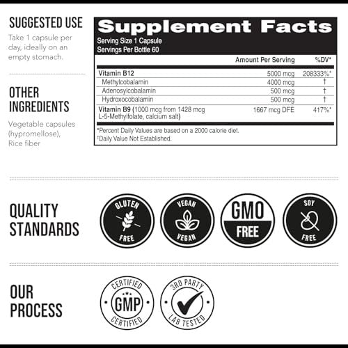 BioActive Vitamin B12 - 5000 mcg, Contains 3 BioActive Forms B12 Plus Methylfolate Cofactor - Methyl B12, Adenosyl B12 & Hydroxy B12 | Supports Energy, Metabolism & Mood | Vegan, Non-GMO (60 Servings) - görsel 6