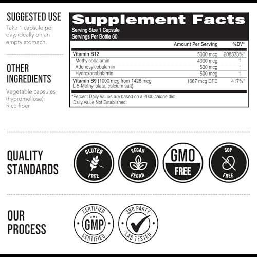 BioActive Vitamin B12 - 5000 mcg, Contains 3 BioActive Forms B12 Plus Methylfolate Cofactor - Methyl B12, Adenosyl B12 & Hydroxy B12 | Supports Energy, Metabolism & Mood | Vegan, Non-GMO (60 Servings) - görsel 10