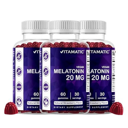 Vitamatic Melatonin 20 mg Gummies for Adults, 3-Pack, 30 Servings Each - 90 Servings Total, 180 Vegetarian Gummies, Non-Habit Forming Sleep Supplement
