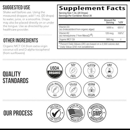 Organic Plant D3 + K2 (5000 iu D3) - All-Trans MK7 from MenaQ7 (120 mcg K2) - 100% Organic & Plant-Based Sublingual D3 Drops (Cholecalciferol), 100% Vegan - Supports Immunity, Bone(1oz)