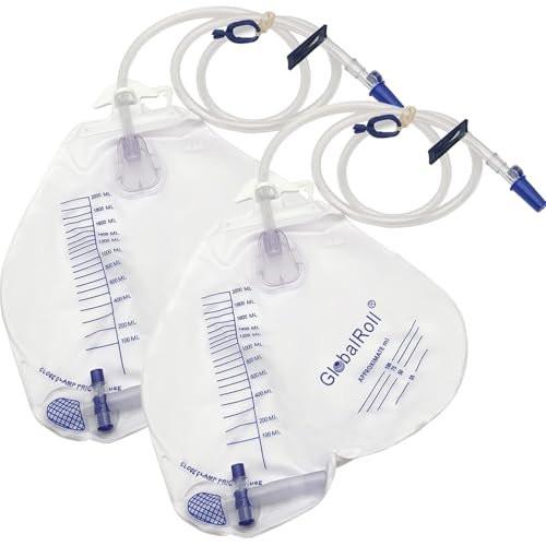 GlobalRoll Urinary Drainage Bag with Anti-Reflux Chamber, Urine Bag with 2000 mL Volume, 48" Drainage Tube, Clips and Hanging Hook, Professional Urinary Bag for Home and Hospitals Health Aids, 2 Pack - görsel 2