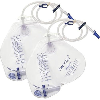 GlobalRoll Urinary Drainage Bag with Anti-Reflux Chamber, Urine Bag with 2000 mL Volume, 48" Drainage Tube, Clips and Hanging Hook, Professional Urinary Bag for Home and Hospitals Health Aids, 2 Pack