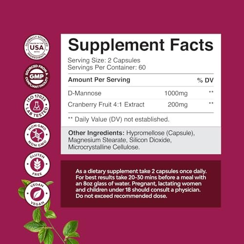 D Mannose with Cranberry Supplement - D Mannose 1000mg per Serving Capsules for Kidney Defense Support & Cleanse and Urinary Tract Health for Women & Men - Adults Bladder Health Supplement - 120 Count - görsel 15