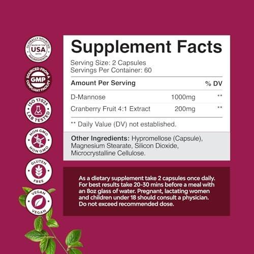 D Mannose with Cranberry Supplement - D Mannose 1000mg per Serving Capsules for Kidney Defense Support & Cleanse and Urinary Tract Health for Women & Men - Adults Bladder Health Supplement - 120 Count - görsel 16