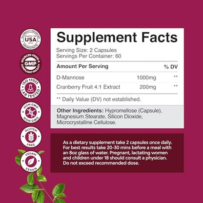 D Mannose with Cranberry Supplement - D Mannose 1000mg per Serving Capsules for Kidney Defense Support & Cleanse and Urinary Tract Health for Women & Men - Adults Bladder Health Supplement - 120 Count