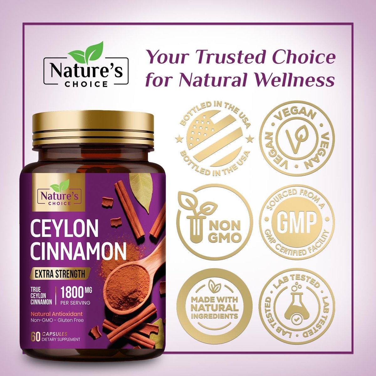 Ceylon Cinnamon Capsules - Certified Organic Ceylon Cinnamon Powder - 100% Extra Strength Cinnamon Pills - Energy & Heart Support - Gluten Free & Sugar Free Supplement - Bottled in USA - 60 Capsules - görsel 7