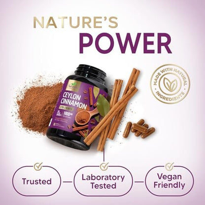 Ceylon Cinnamon Capsules - Certified Organic Ceylon Cinnamon Powder - 100% Extra Strength Cinnamon Pills - Energy & Heart Support - Gluten Free & Sugar Free Supplement - Bottled in USA - 60 Capsules