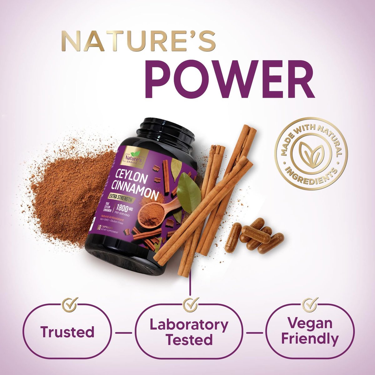 Ceylon Cinnamon Capsules - Certified Organic Ceylon Cinnamon Powder - 100% Extra Strength Cinnamon Pills - Energy & Heart Support - Gluten Free & Sugar Free Supplement - Bottled in USA - 60 Capsules - görsel 11