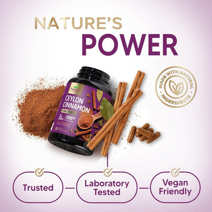 Ceylon Cinnamon Capsules - Certified Organic Ceylon Cinnamon Powder - 100% Extra Strength Cinnamon Pills - Energy & Heart Support - Gluten Free & Sugar Free Supplement - Bottled in USA - 60 Capsules