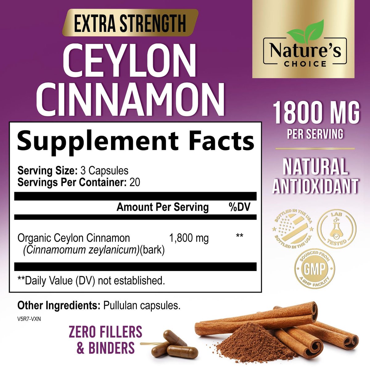 Ceylon Cinnamon Capsules - Certified Organic Ceylon Cinnamon Powder - 100% Extra Strength Cinnamon Pills - Energy & Heart Support - Gluten Free & Sugar Free Supplement - Bottled in USA - 60 Capsules - görsel 3