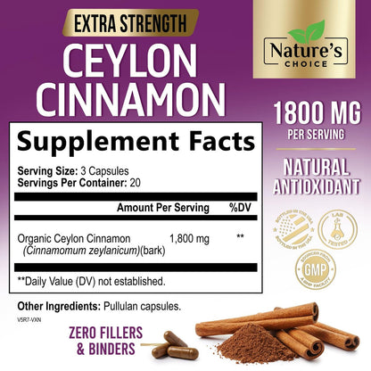 Ceylon Cinnamon Capsules - Certified Organic Ceylon Cinnamon Powder - 100% Extra Strength Cinnamon Pills - Energy & Heart Support - Gluten Free & Sugar Free Supplement - Bottled in USA - 60 Capsules