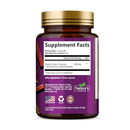 Ceylon Cinnamon Capsules - Certified Organic Ceylon Cinnamon Powder - 100% Extra Strength Cinnamon Pills - Energy & Heart Support - Gluten Free & Sugar Free Supplement - Bottled in USA - 60 Capsules