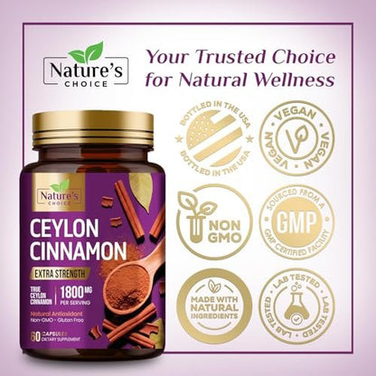 Ceylon Cinnamon Capsules - Certified Organic Ceylon Cinnamon Powder - 100% Extra Strength Cinnamon Pills - Energy & Heart Support - Gluten Free & Sugar Free Supplement - Bottled in USA - 60 Capsules