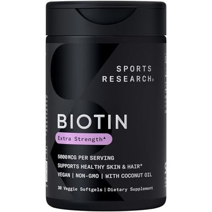 Sports Research Biotin 5,000mcg with Organic Coconut Oil - Biotin (Vitamin B7) for Healthy Skin and Hair Support - for Women and Men - Vegan, Non-GMO, Gluten & Soy-Free - 30 Veggie Softgels