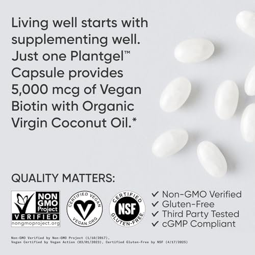 Sports Research Biotin 5,000mcg with Organic Coconut Oil - Biotin (Vitamin B7) for Healthy Skin and Hair Support - for Women and Men - Vegan, Non-GMO, Gluten & Soy-Free - 30 Veggie Softgels - görsel 8