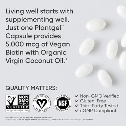 Sports Research Biotin 5,000mcg with Organic Coconut Oil - Biotin (Vitamin B7) for Healthy Skin and Hair Support - for Women and Men - Vegan, Non-GMO, Gluten & Soy-Free - 30 Veggie Softgels