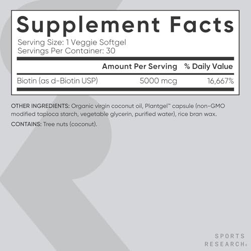 Sports Research Biotin 5,000mcg with Organic Coconut Oil - Biotin (Vitamin B7) for Healthy Skin and Hair Support - for Women and Men - Vegan, Non-GMO, Gluten & Soy-Free - 30 Veggie Softgels - görsel 10
