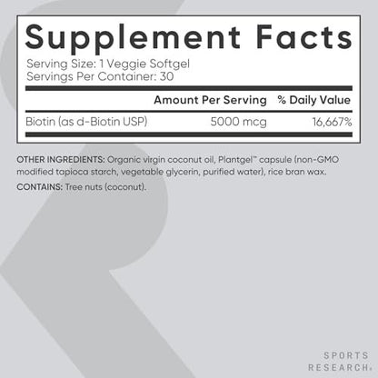 Sports Research Biotin 5,000mcg with Organic Coconut Oil - Biotin (Vitamin B7) for Healthy Skin and Hair Support - for Women and Men - Vegan, Non-GMO, Gluten & Soy-Free - 30 Veggie Softgels