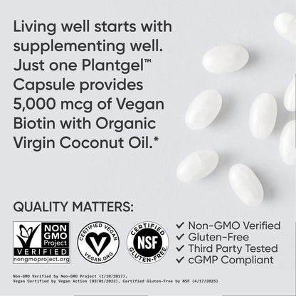 Sports Research Biotin 5,000mcg with Organic Coconut Oil - Biotin (Vitamin B7) for Healthy Skin and Hair Support - for Women and Men - Vegan, Non-GMO, Gluten & Soy-Free - 30 Veggie Softgels