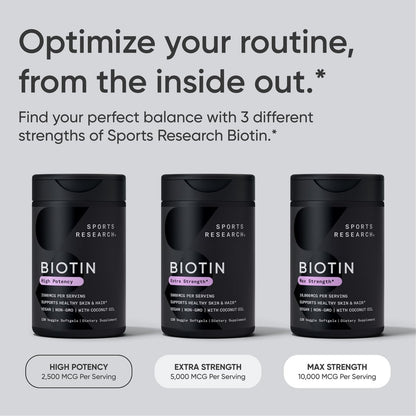 Sports Research Biotin 5,000mcg with Organic Coconut Oil - Biotin (Vitamin B7) for Healthy Skin and Hair Support - for Women and Men - Vegan, Non-GMO, Gluten & Soy-Free - 30 Veggie Softgels