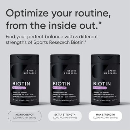 Sports Research Biotin 5,000mcg with Organic Coconut Oil - Biotin (Vitamin B7) for Healthy Skin and Hair Support - for Women and Men - Vegan, Non-GMO, Gluten & Soy-Free - 30 Veggie Softgels