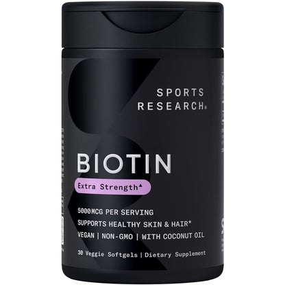 Sports Research Biotin 5,000mcg with Organic Coconut Oil - Biotin (Vitamin B7) for Healthy Skin and Hair Support - for Women and Men - Vegan, Non-GMO, Gluten & Soy-Free - 30 Veggie Softgels