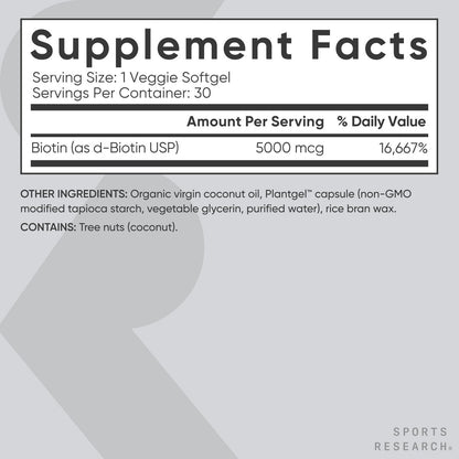 Sports Research Biotin 5,000mcg with Organic Coconut Oil - Biotin (Vitamin B7) for Healthy Skin and Hair Support - for Women and Men - Vegan, Non-GMO, Gluten & Soy-Free - 30 Veggie Softgels