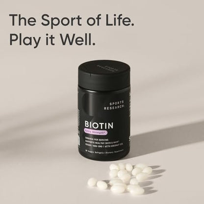Sports Research Biotin 5,000mcg with Organic Coconut Oil - Biotin (Vitamin B7) for Healthy Skin and Hair Support - for Women and Men - Vegan, Non-GMO, Gluten & Soy-Free - 30 Veggie Softgels