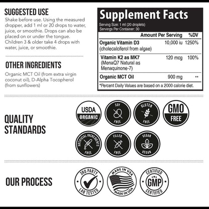 Organic Plant D3 K2 Vitamin 10000 IU - All-Trans MK7 from MenaQ7 (120 mcg K2) - 100% Organic & Plant-Based Sublingual D3 Drops 10,000 IU (Cholecalciferol), 100% Vegan - Supports Immunity, Bone, Brain