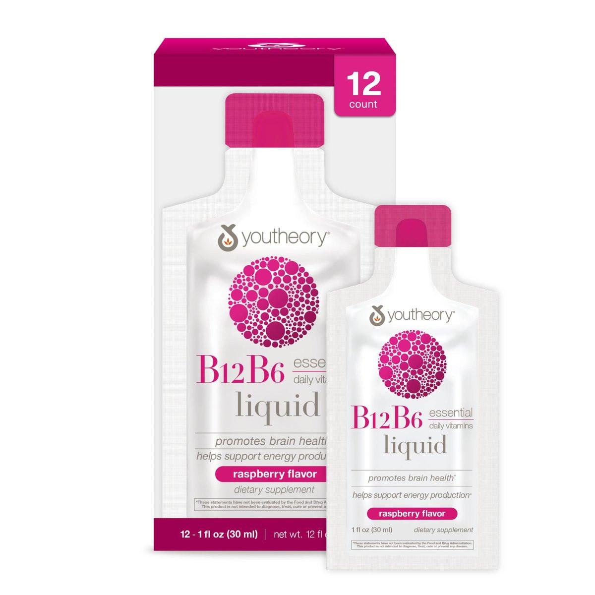 Youtheory Vitamin B12 B6, Daily Energy and Brain Support Supplement, Liquid Raspberry Flavor, 12 – 1oz Single Serving Packets - görsel 1