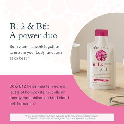 Youtheory Vitamin B12 B6, Daily Energy and Brain Support Supplement, Liquid Raspberry Flavor, 12 – 1oz Single Serving Packets