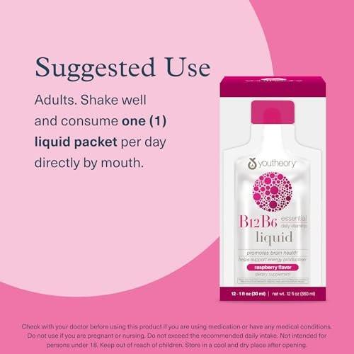 Youtheory Vitamin B12 B6, Daily Energy and Brain Support Supplement, Liquid Raspberry Flavor, 12 – 1oz Single Serving Packets - görsel 12