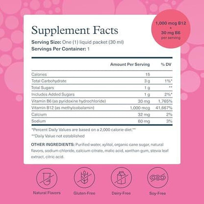 Youtheory Vitamin B12 B6, Daily Energy and Brain Support Supplement, Liquid Raspberry Flavor, 12 – 1oz Single Serving Packets