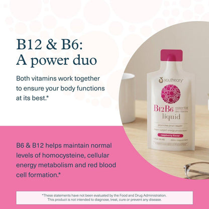 Youtheory Vitamin B12 B6, Daily Energy and Brain Support Supplement, Liquid Raspberry Flavor, 12 – 1oz Single Serving Packets