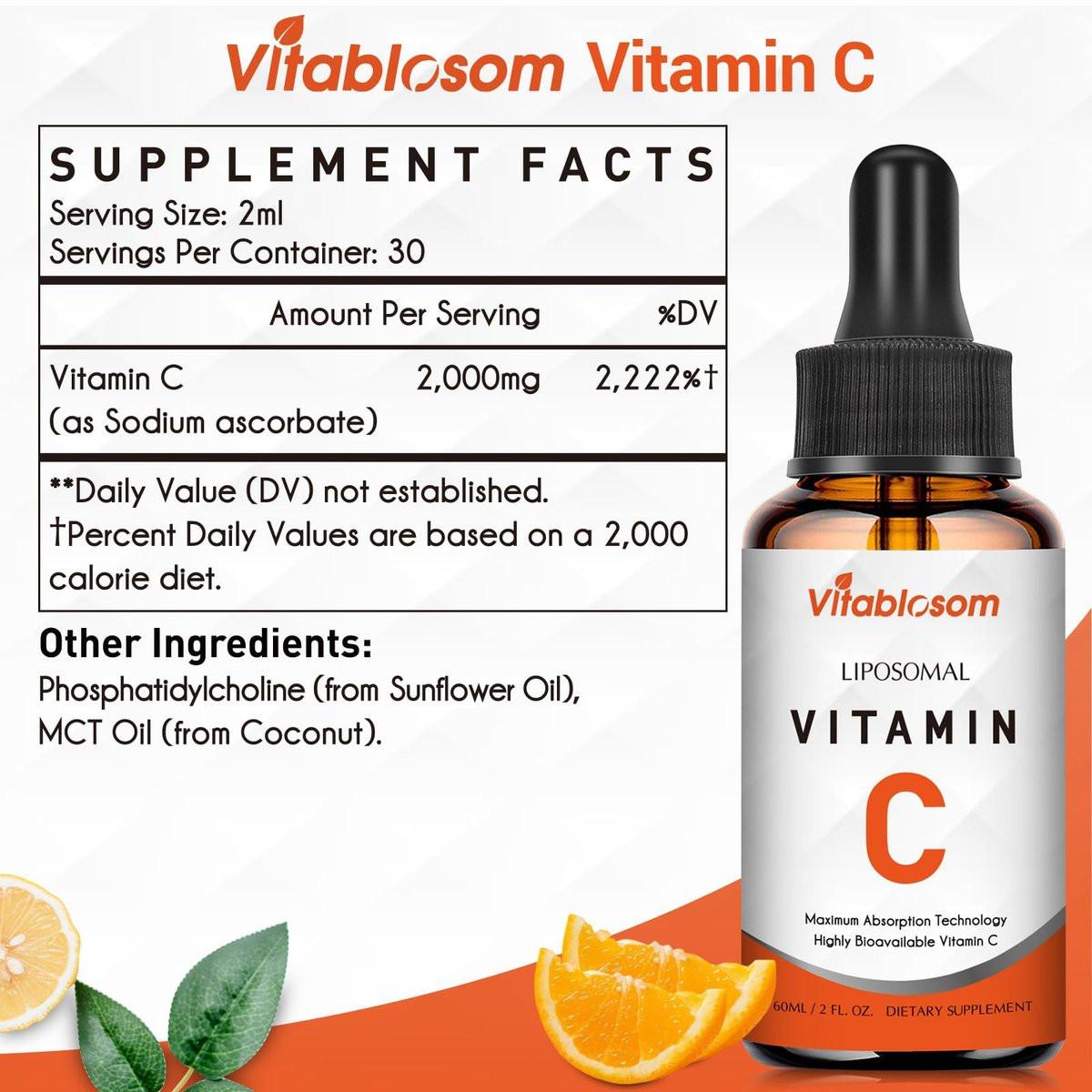Vitablosom Liposomal Vitamin C 2000mg Liquid for Adults, High Absorption VIT C, Maximize Vitamin C, Immune System & Antioxidant Support, 60ML (1 Bottle) - görsel 10