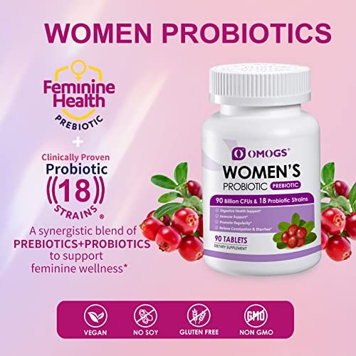 OMOGS Women's Probiotic, with Cranberry Extract, Organic Prebiotics & Vitamin C, 90 Billion CFUs,18 Strains, Help for Boost Immune, Digestive, Gut Health & Women's Health, Gluten & Soy Free,90 Tablets - görsel 9