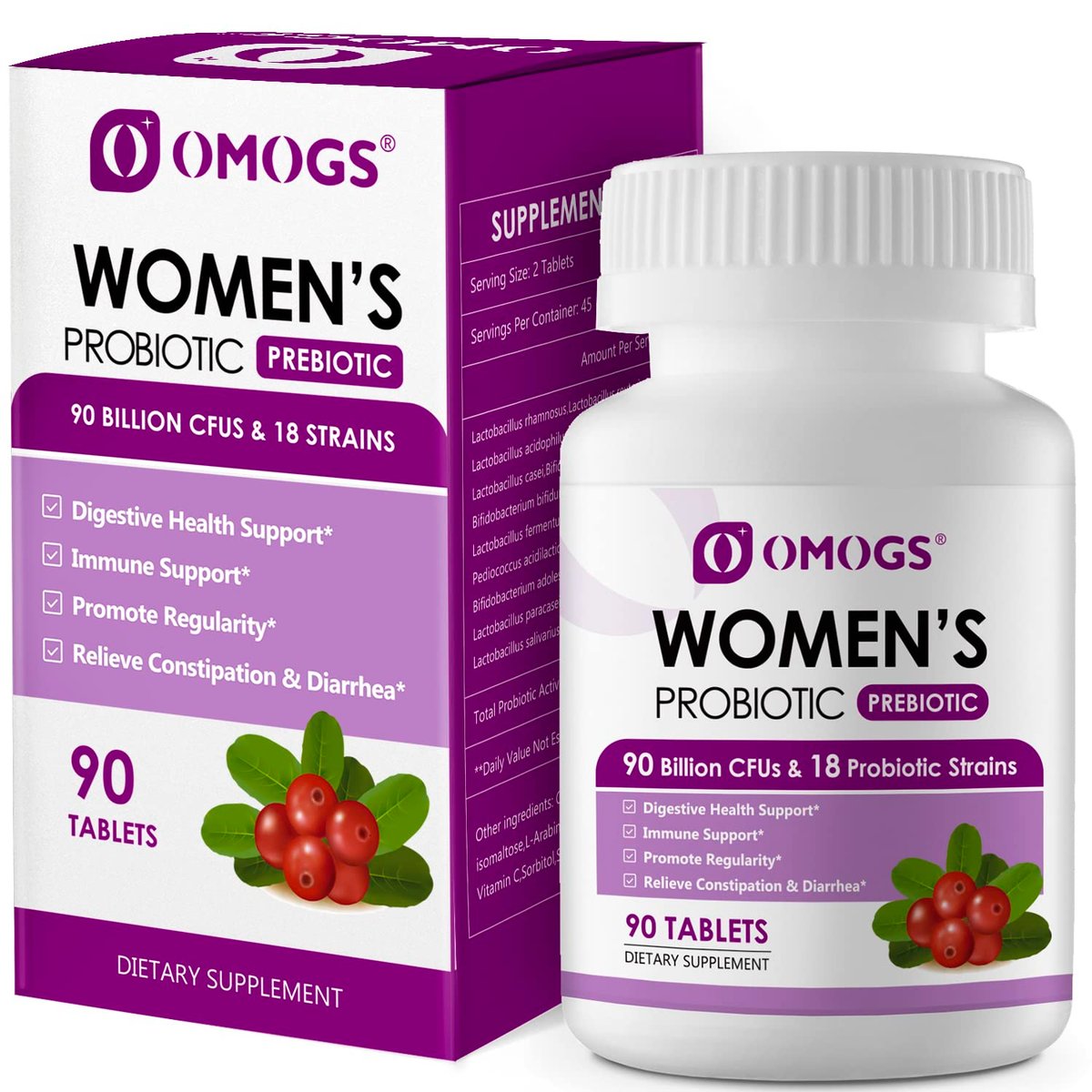 OMOGS Women's Probiotic, with Cranberry Extract, Organic Prebiotics & Vitamin C, 90 Billion CFUs,18 Strains, Help for Boost Immune, Digestive, Gut Health & Women's Health, Gluten & Soy Free,90 Tablets - görsel 1