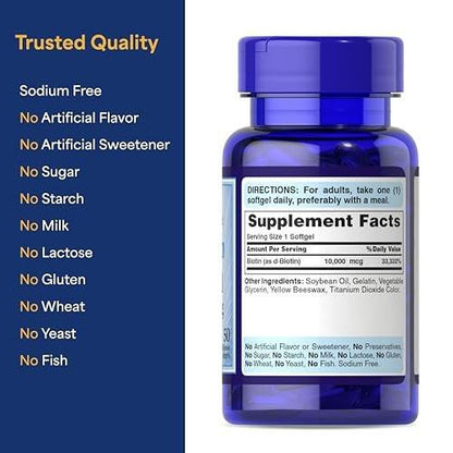 Puritan's Pride Premium Ultra Mega Biotin 10,000mcg, Dietary Supplement for Healthy Hair, Skin, Nails, and Energy Metabolism Support, 100 Day Supply, 50 Rapid Release Softgels, 2 Pack