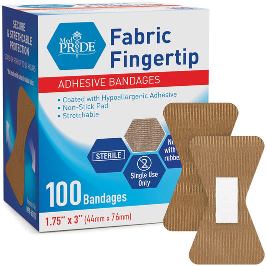 MED PRIDE Sterile Fingertip Fabric Bandages 1.75in X 3in Hypoallergenic Adhesive Latex-Free 100 Count